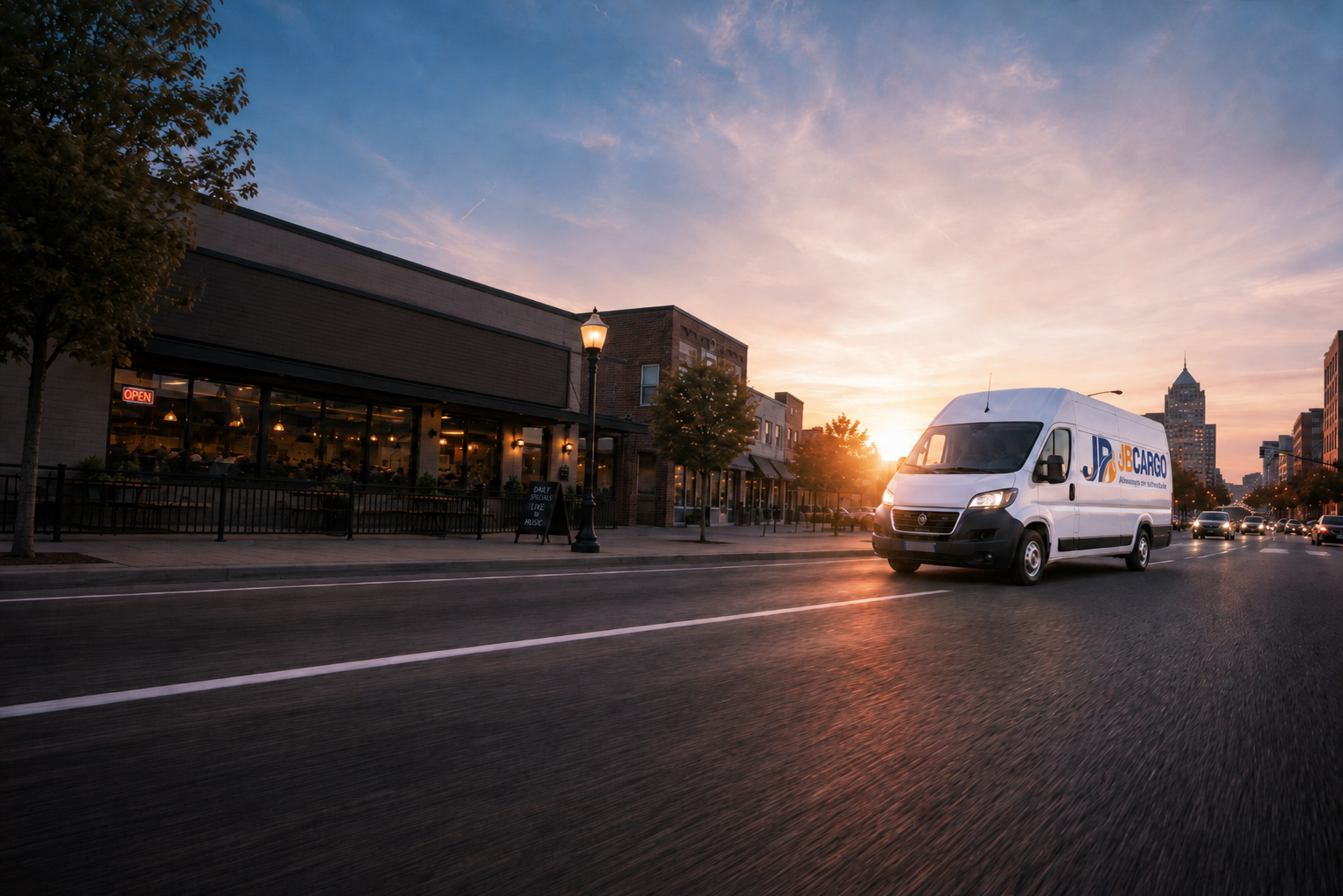 Van da JB Cargo em rua comercial ao entardecer